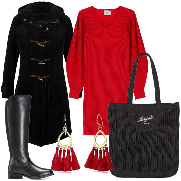 Outfit donna - Rosso e nero. Stile Basic per Tutti i giorni. Abbinamento con montgomery, stivali, vestiti corti, shopping bag, orecchini.