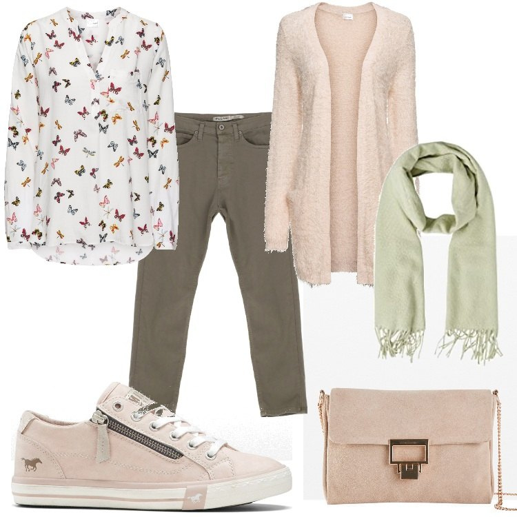 Outfit donna - rosa pastello e verde. Stile Casual per Tutti i giorni. Abbinamento con bluse, sneakers, cardigans, pochette, jeans, sciarpe.