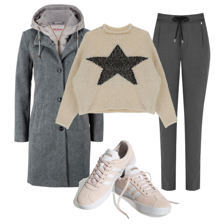 Outfit donna - Il cappotto sportivo. Stile Sporty chic per Tutti i giorni. Abbinamento con cappotti, maglieria, pantaloni, sneakers.