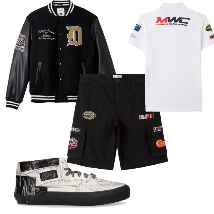 Outfit uomo - Total look #1729767. Stile Casual per Tutti i giorni. Abbinamento con bermuda, polo, bomber, sneakers.