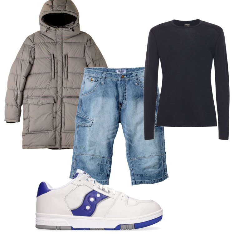 Outfit uomo - Total look #1729772. Stile Casual per Tutti i giorni. Abbinamento con bermuda, piumini, maglieria, sneakers.