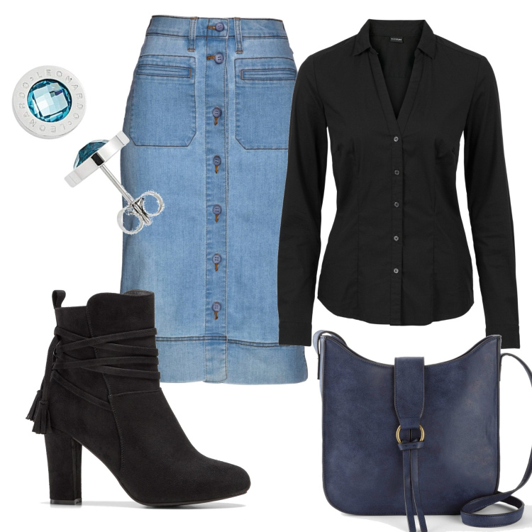 Outfit donna - La gonna jeans. Stile Casual chic per Ufficio. Abbinamento con gonne, camicie, borse a tracolla, stivaletti, orecchini.