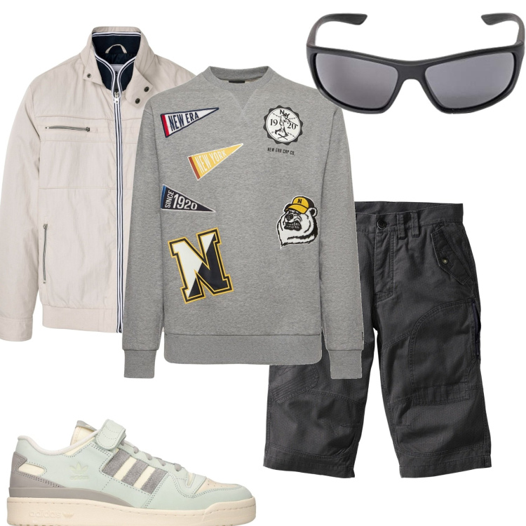 Outfit uomo - Bermuda e felpa. Stile Casual per Tutti i giorni. Abbinamento con bermuda, giacche, sneakers, felpe, occhiali da sole.
