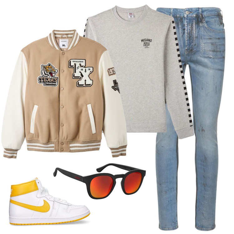 Outfit uomo - Col bomber. Stile Casual per Tutti i giorni. Abbinamento con felpe, bomber, jeans skinny, sneakers, occhiali da sole.