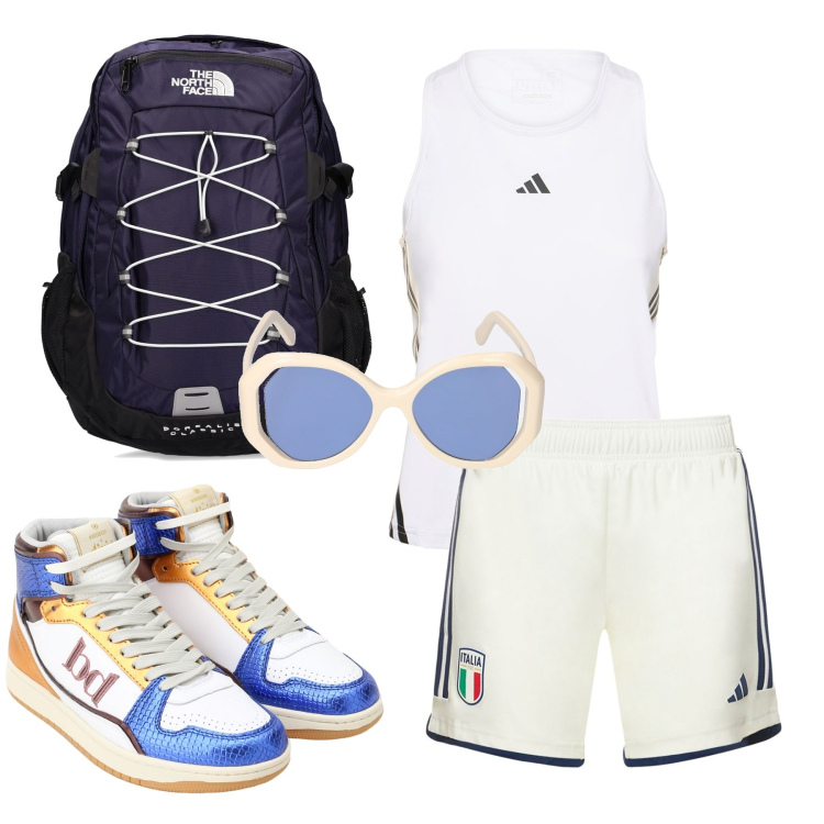 Outfit donna - Al parco. Stile Casual per Sport. Abbinamento con sneakers alte, occhiali da sole, shorts, canottiere, zaini.