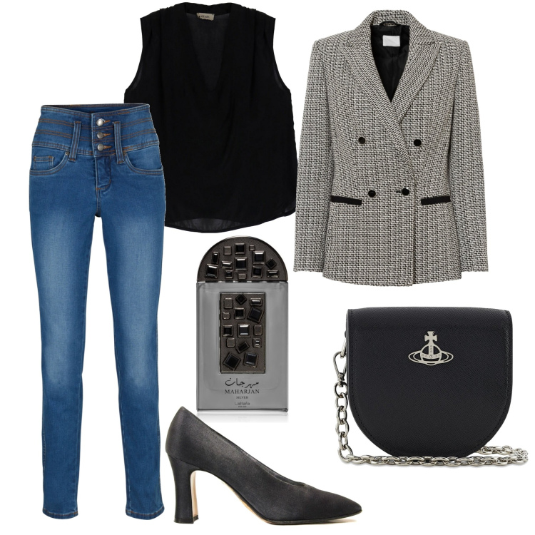 Outfit donna - In ufficio con i jeans. Stile Casual chic per Ufficio. Abbinamento con jeans, blazer, décolleté, profumi, canottiere, borse a spalla.