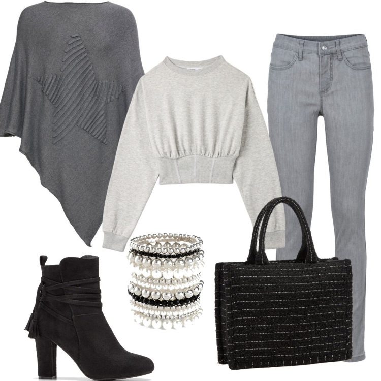 Outfit donna - Beauty-box nuance di grigio. Stile Casual chic per Tutti i giorni. Abbinamento con jeans skinny, braccialetti, stivaletti, cappotti, shopping bag, felpe.
