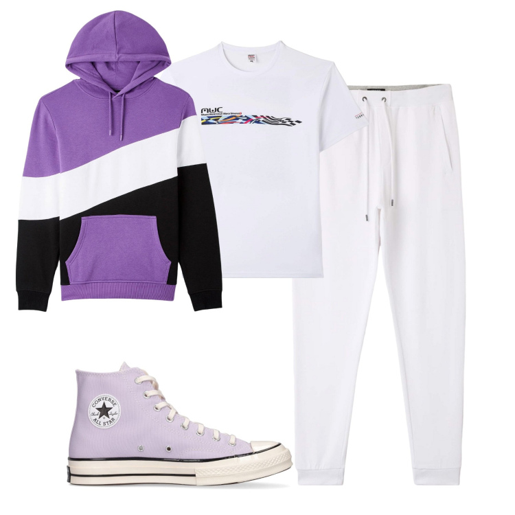 Outfit uomo - La felpa multicolore. Stile Casual per Tutti i giorni. Abbinamento con t-shirt, felpe con cappuccio, pantaloni sportivi, sneakers.