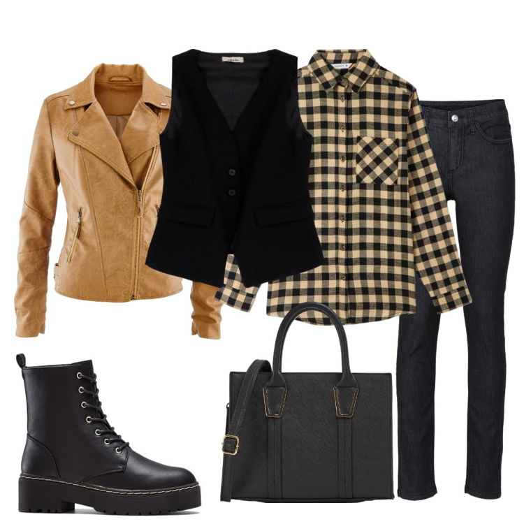 Outfit donna - Hallo. Stile Mannish per Tutti i giorni. Abbinamento con jeans skinny, stivaletti, blazer, camicie, shopping bag, gilet.