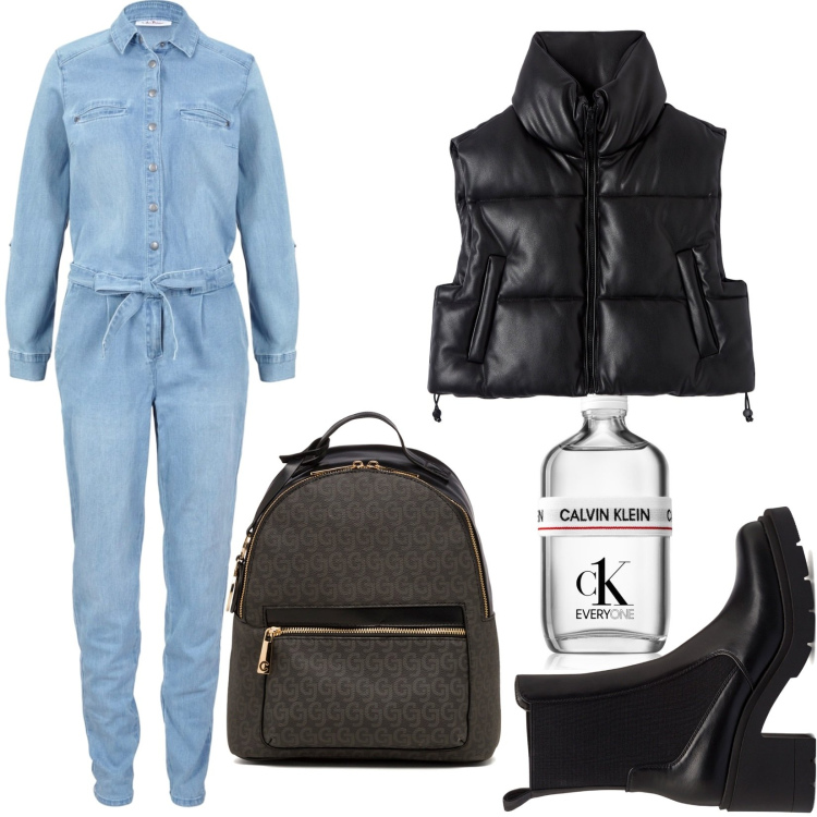Outfit donna - La tuta in jeans. Stile Basic per Tutti i giorni. Abbinamento con tute, profumi, piumini, stivaletti, zaini.
