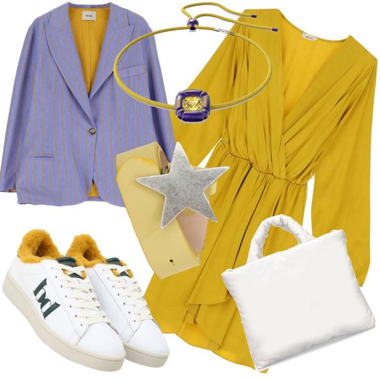 Outfit donna - Total look #1729887. Stile Casual per Ufficio. Abbinamento con sneakers, giacche, vestiti corti, cinture, collane, shopping bag.