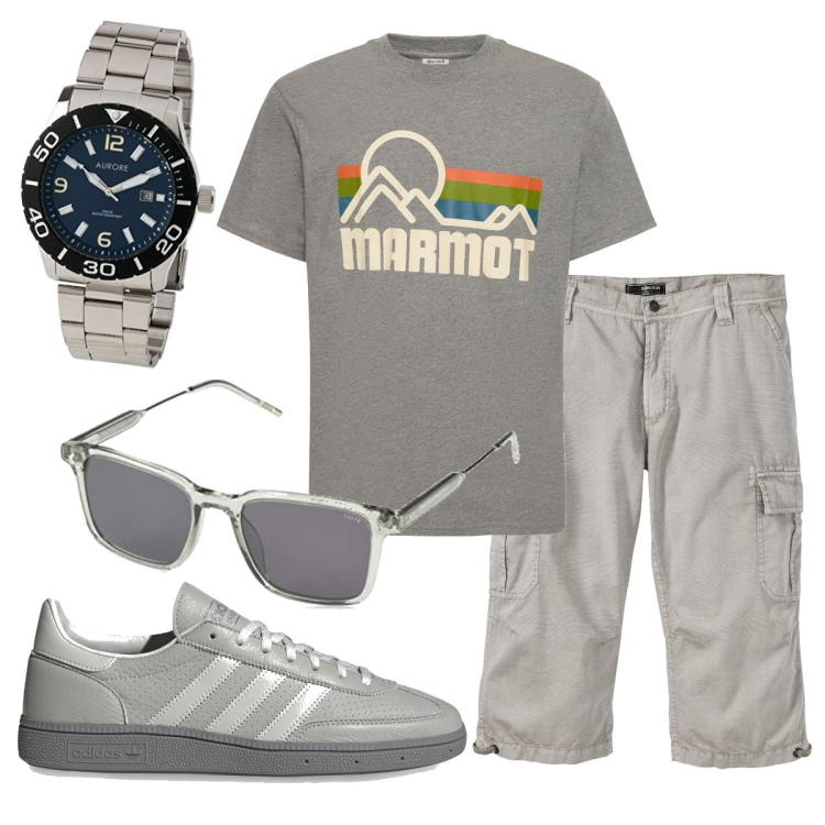 Outfit uomo - Marmot. Stile Casual per Tutti i giorni. Abbinamento con bermuda, orologi, occhiali da sole, sneakers, t-shirt.
