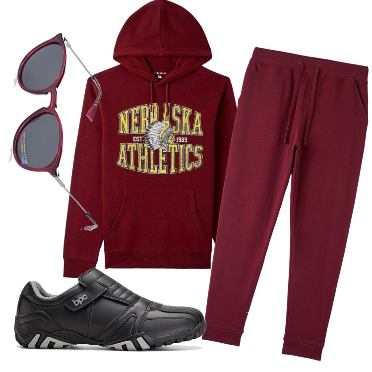 Outfit uomo - Total look #1729914. Stile Casual per Sport. Abbinamento con scarpe stringate, pantaloni sportivi, felpe con cappuccio, occhiali da sole.