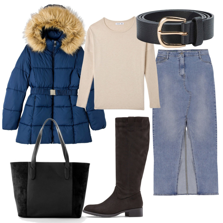 Outfit donna - Gonna lunga e stivali. Stile Casual per Tutti i giorni. Abbinamento con stivali, shopping bag, maglieria, piumini, cinture, gonne lunghe.