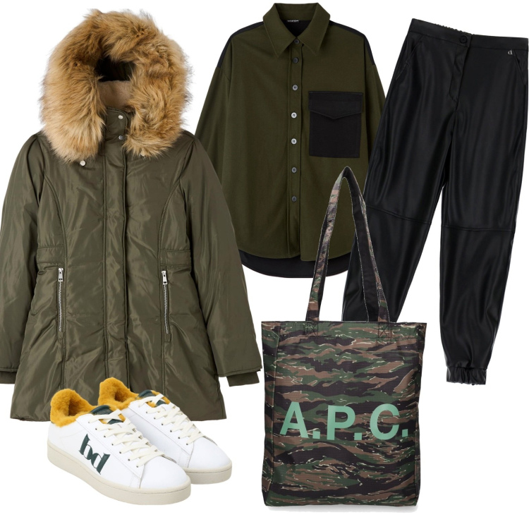 Outfit donna - Total look #1729958. Stile Casual per Tutti i giorni. Abbinamento con camicie, parka, sneakers, pantaloni, shopping bag.
