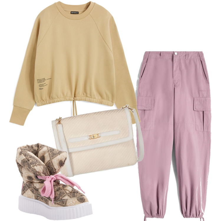 Outfit donna - Love Your Body by Freddy. Stile Sporty chic per Tutti i giorni. Abbinamento con borse a tracolla, pantaloni cargo, stivali sopra il ginocchio, felpe.
