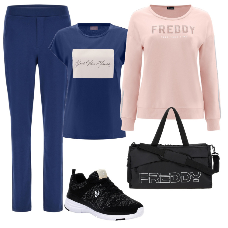 Outfit donna - Sport in blu e rosa. Stile Sporty chic per Sport. Abbinamento con borse sportive, pantaloni, felpe, t-shirt, scarpe sportive.