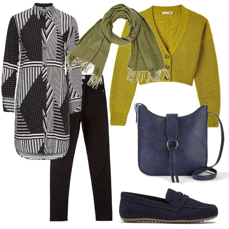 Outfit donna - geometrie in blu e verde acido. Stile Casual per Ufficio. Abbinamento con mocassini, camicie, borse a tracolla, cardigans, jeans skinny, sciarpe.