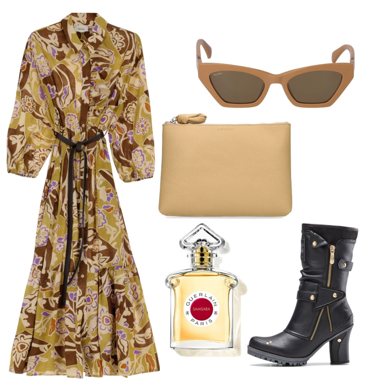 Outfit donna - Vestito a fantasia floresle. Stile Boho per Serata fuori. Abbinamento con stivali, profumi, vestiti midi/longuette, occhiali da sole, pochette.