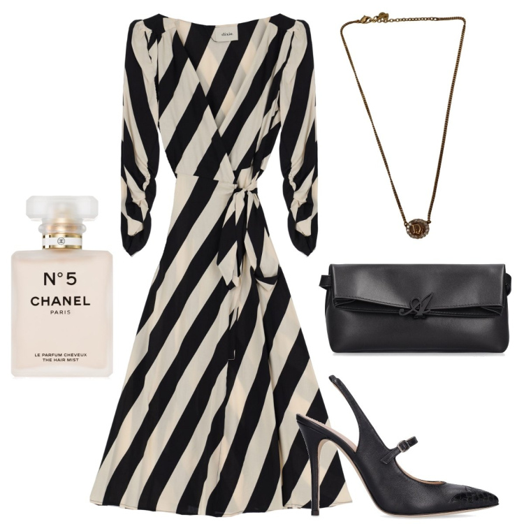 Outfit donna - Una goccia di Chanel. Stile Chic per Serata fuori. Abbinamento con collane, profumi, vestiti midi/longuette, décolleté, borse a mano.