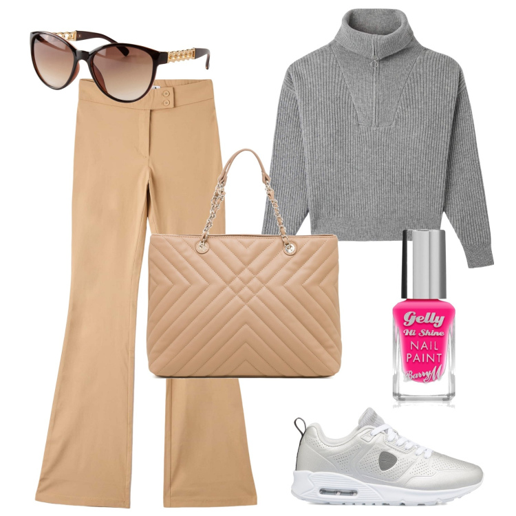 Outfit donna - I colori autunnali. Stile Casual per Tutti i giorni. Abbinamento con occhiali da sole, smalti, pantaloni, maglieria, sneakers, borse a spalla.