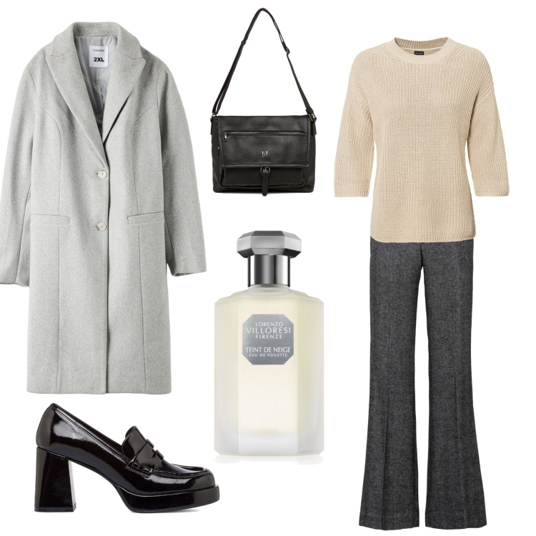 Outfit donna - Il beige e il grigio si incontrano. Stile Basic per Ufficio. Abbinamento con pantaloni a palazzo, maglieria, profumi, cappotti, mocassini, borse a tracolla.