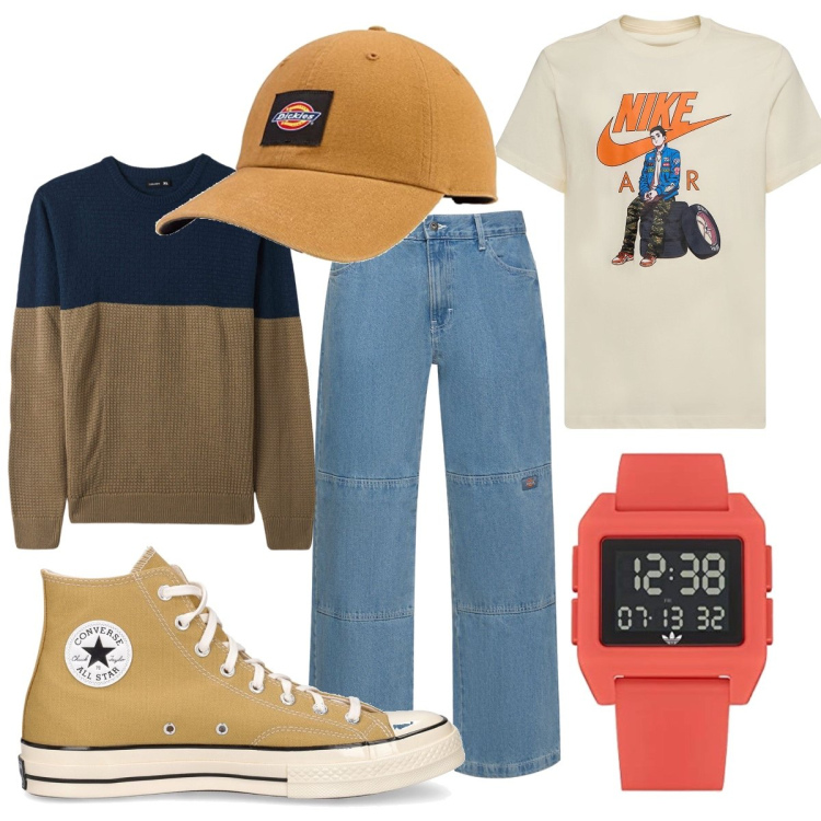 Outfit uomo - Street con brio. Stile Urban per Tutti i giorni. Abbinamento con maglieria, pantaloni, orologi digitali, t-shirt, sneakers, cappelli con visiera.