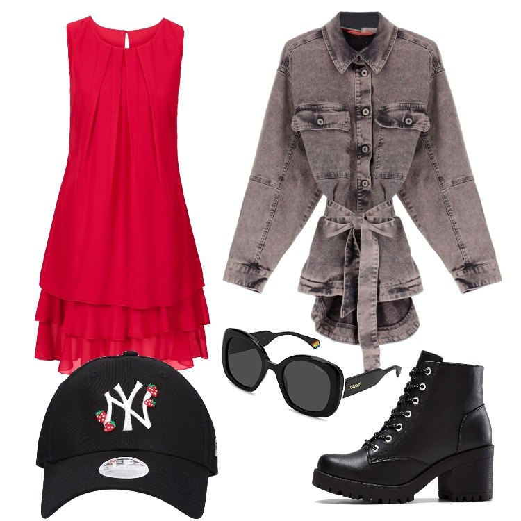 Outfit donna - Rosso Fragole. Stile Urban per Tutti i giorni. Abbinamento con stivaletti, vestiti, giacche, occhiali da sole, cappelli.