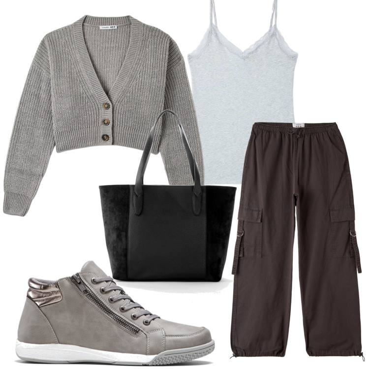Outfit donna - Total look #1730099. Stile Casual per Scuola/Università. Abbinamento con sneakers alte, shopping bag, cardigans, canottiere, pantaloni.