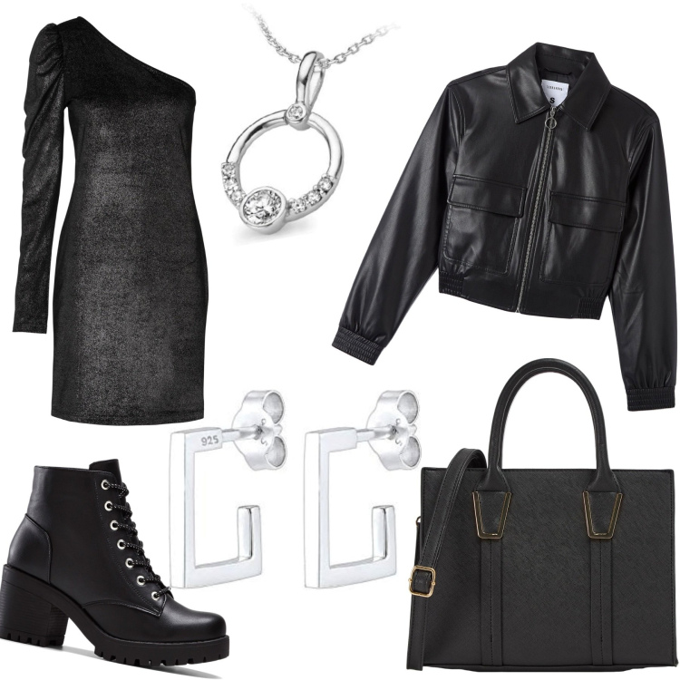 Outfit donna - Black rock night out. Stile Rock per Serata fuori. Abbinamento con stivaletti, vestiti asimmetrici, bomber, shopping bag, orecchini, collane.