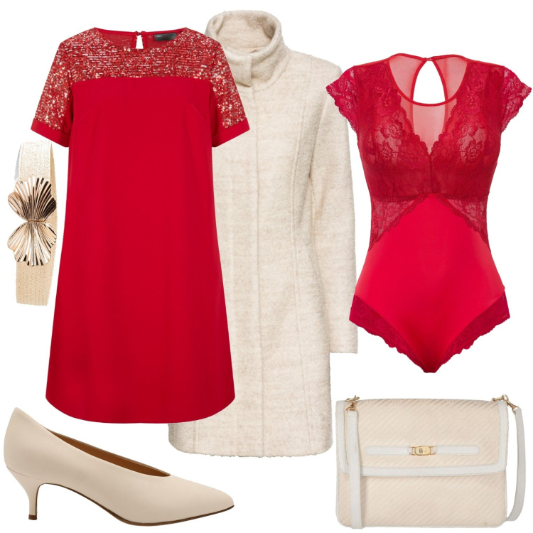 Outfit donna - Fuego. Stile Romantica per Cerimonia. Abbinamento con cappotti, cinture, vestiti, body, borse a tracolla, décolleté.