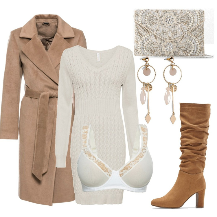 Outfit donna - L\'abito di maglia. Stile Bon Ton per Tutti i giorni. Abbinamento con vestiti, reggiseni, pochette, orecchini, cappotti, stivali.