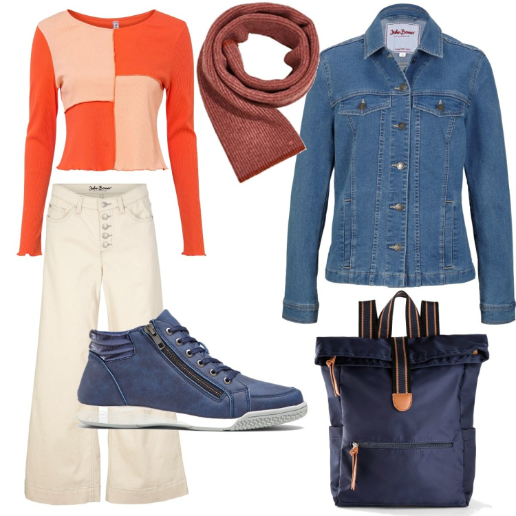 Outfit donna - Jeans e ruggine. Stile Casual per Scuola/Università. Abbinamento con sneakers alte, zaini, maglieria, jeans, blazer, sciarpe.