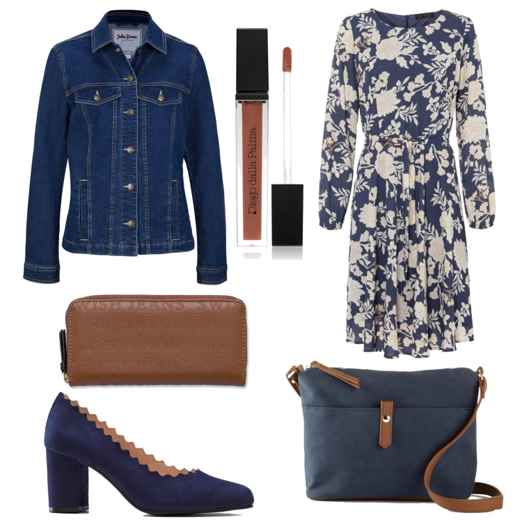 Outfit donna - Il vestito con la giacca jeans. Stile Casual chic per Serata fuori. Abbinamento con vestiti, borse a tracolla, décolleté, blazer, gloss, portafogli.