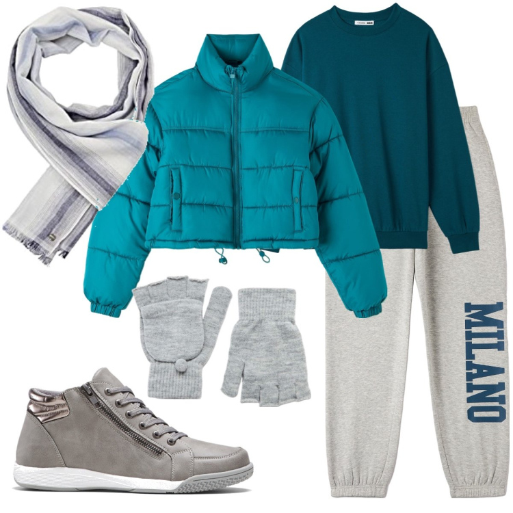 Outfit donna - A spasso con il cane. Stile Urban per Tutti i giorni. Abbinamento con sneakers alte, piumini, pantaloni, felpe, guanti, sciarpe.