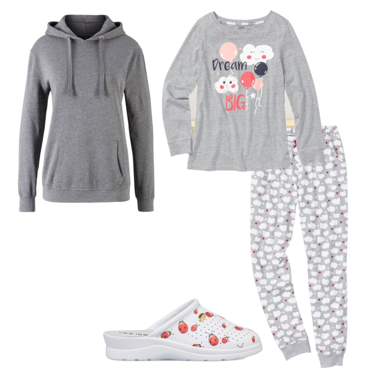 Outfit donna - Il pigiama con il sorriso. Stile Casual per Tutti i giorni. Abbinamento con pigiama, felpe con cappuccio, ciabatte, clutch.