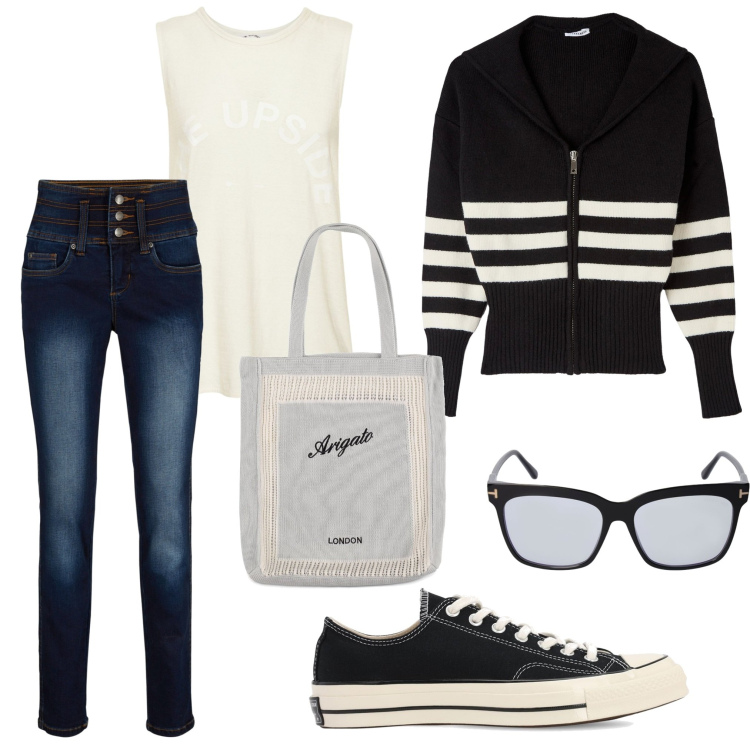 Outfit donna - Total look #1730290. Stile Casual per Tutti i giorni. Abbinamento con jeans, maglieria, occhiali da sole, canottiere, sneakers, shopping bag.