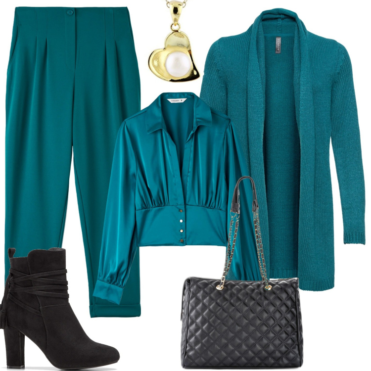 Outfit donna - Il cardigan lungo, tono su tono. Stile Chic per Tutti i giorni. Abbinamento con cardigans, shopping bag, stivaletti, pantaloni chino, camicie, ciondoli.