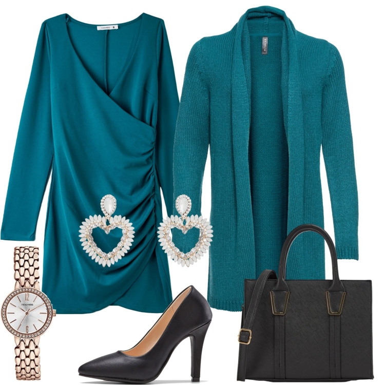Outfit donna - L\'abito drappeggiato. Stile Chic per Serata fuori. Abbinamento con cardigans, décolleté, vestiti corti, shopping bag, orecchini, orologi analogici.