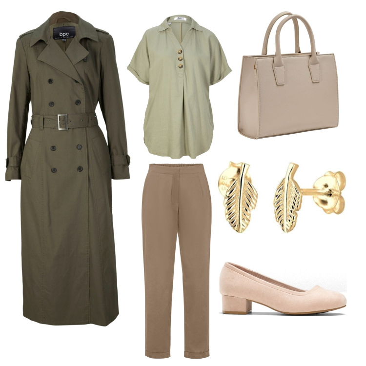 Outfit donna - For brown and green lover. Stile Minimal per Tutti i giorni. Abbinamento con décolleté, pantaloni, bluse, trench, shopping bag, orecchini.