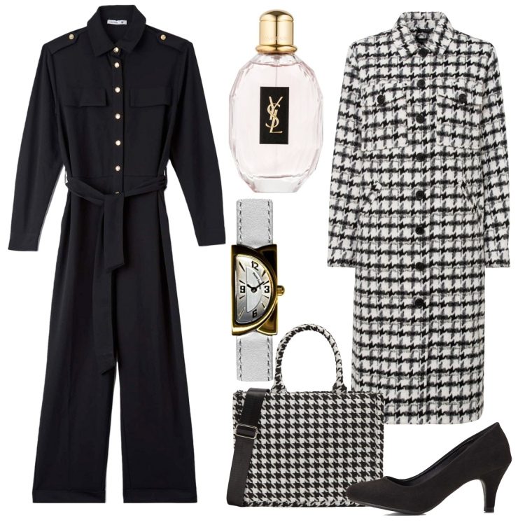 Outfit donna - La jumpsuite nera. Stile Bon Ton per Serata fuori. Abbinamento con décolleté, cappotti, profumi, tute, shopping bag, orologi.