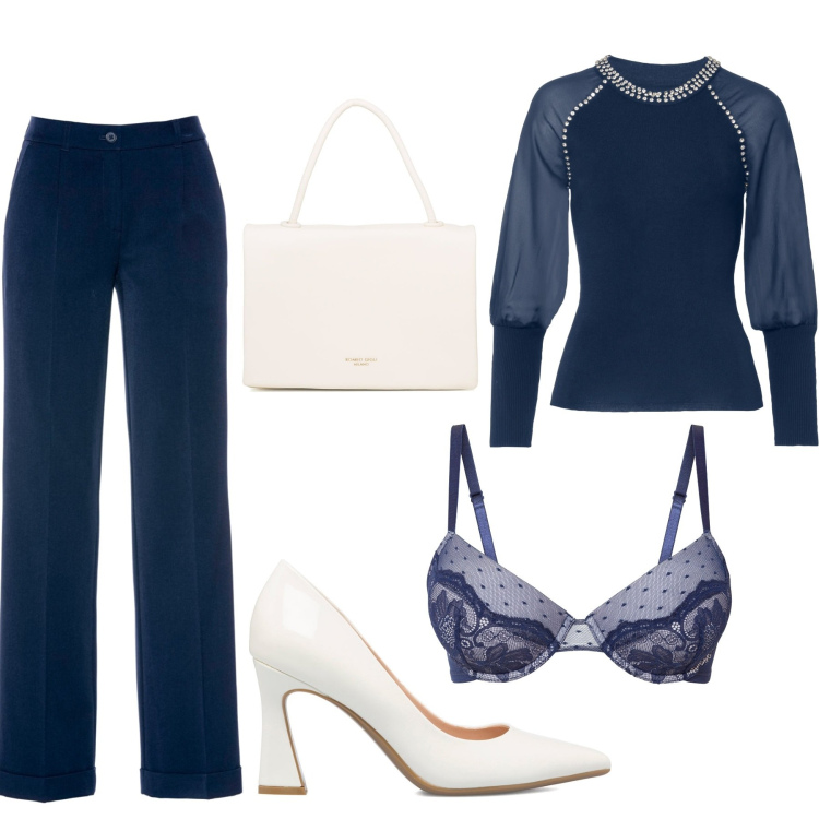 Outfit donna - Elegante sopra e sotto. Stile Chic per Cerimonia. Abbinamento con pantaloni, maglieria, reggiseni, décolleté, borse a mano.