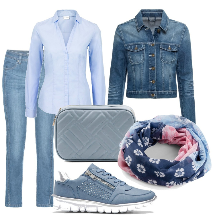 Outfit donna - Total jeans. Stile Sporty chic per Tutti i giorni. Abbinamento con camicie, jeans, sneakers, foulard, blazer, blazer.