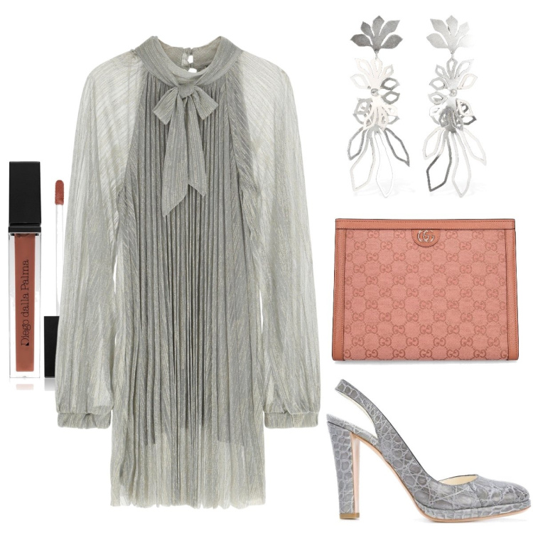 Outfit donna - L’abito silver. Stile Chic per Cerimonia. Abbinamento con décolleté, gloss, vestiti corti, orecchini, pochette.