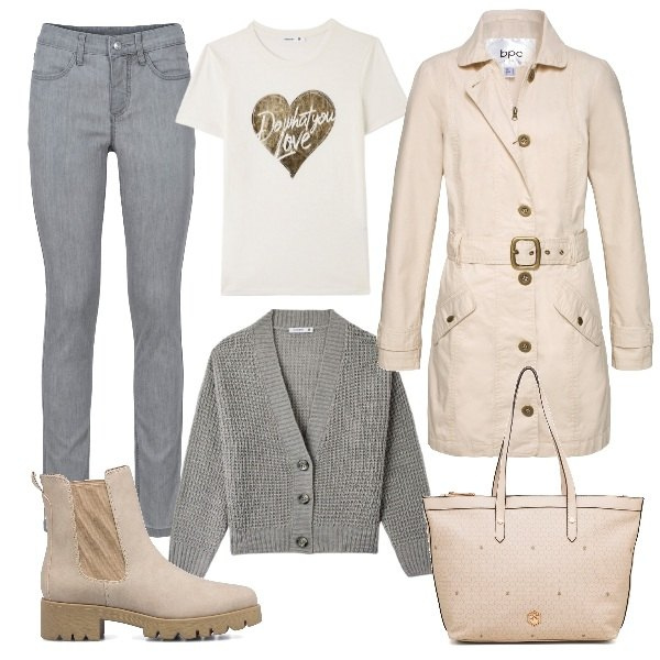 Outfit donna - Total look #1730459. Stile Glamour per Tutti i giorni. Abbinamento con jeans skinny, trench, cardigans, t-shirt, borse a spalla, stivaletti.