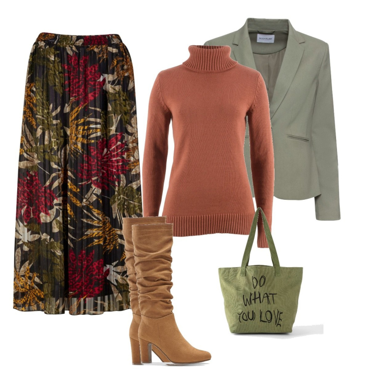 Outfit donna - Colori d\'autunno. Stile Casual chic per Serata fuori. Abbinamento con blazer, gonne lunghe, maglieria, stivali, shopping bag.