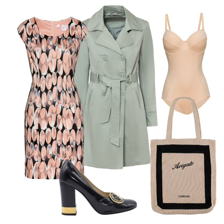 Outfit donna - Il tubino fantasia. Stile Chic per Tutti i giorni. Abbinamento con body, trench, vestiti a tubino, décolleté, shopping bag.