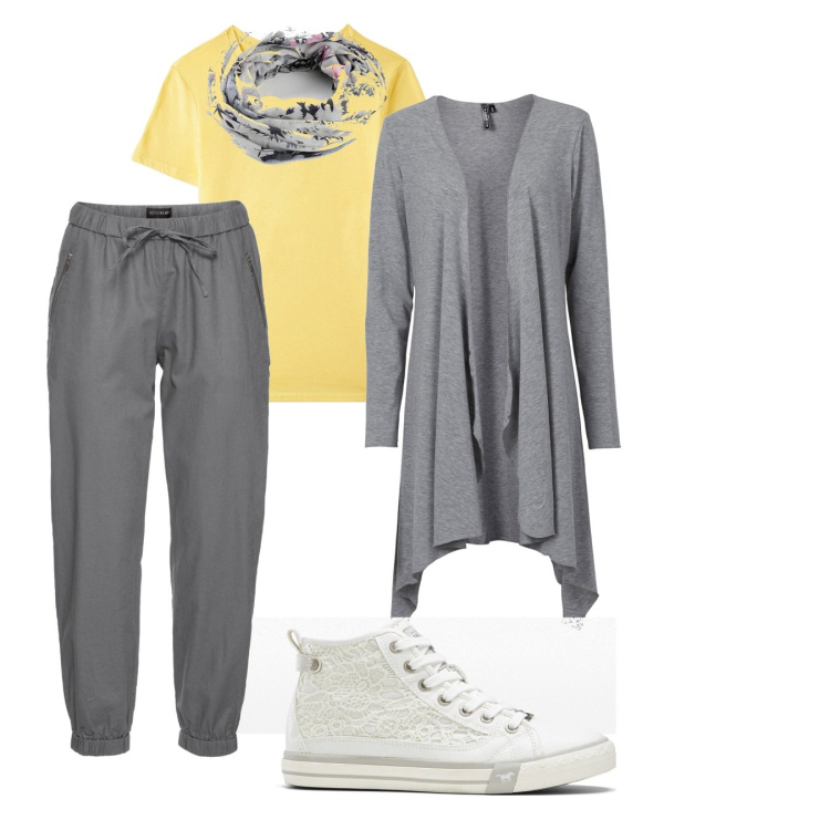 Outfit donna - Tempo libero minimal. Stile Basic per Tutti i giorni. Abbinamento con pantaloni, cardigans, sneakers, foulard, t-shirt.
