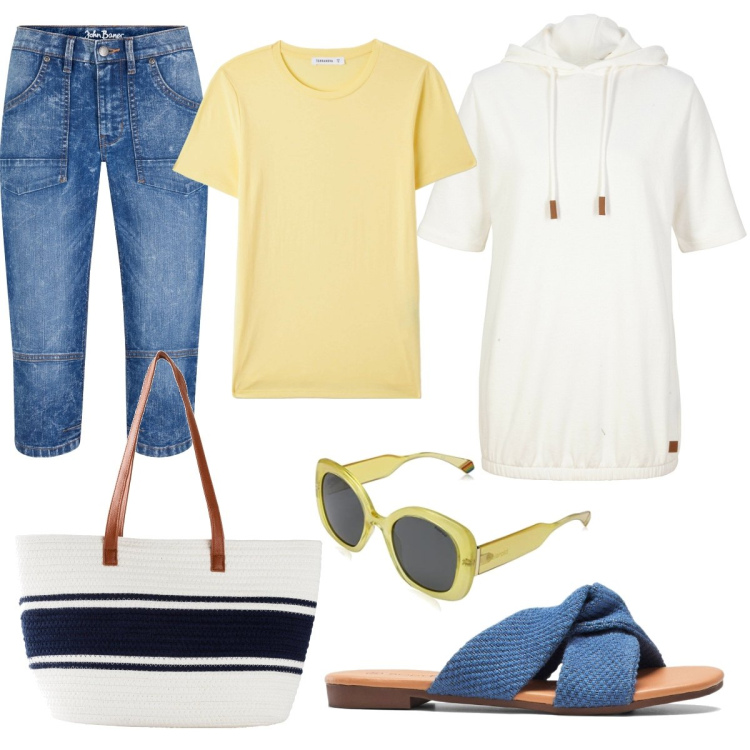 Outfit donna - Total look #1730574. Stile Bon Ton per Mare. Abbinamento con felpe con cappuccio, shopping bag, pantaloni capri, ciabatte, t-shirt, occhiali da sole.