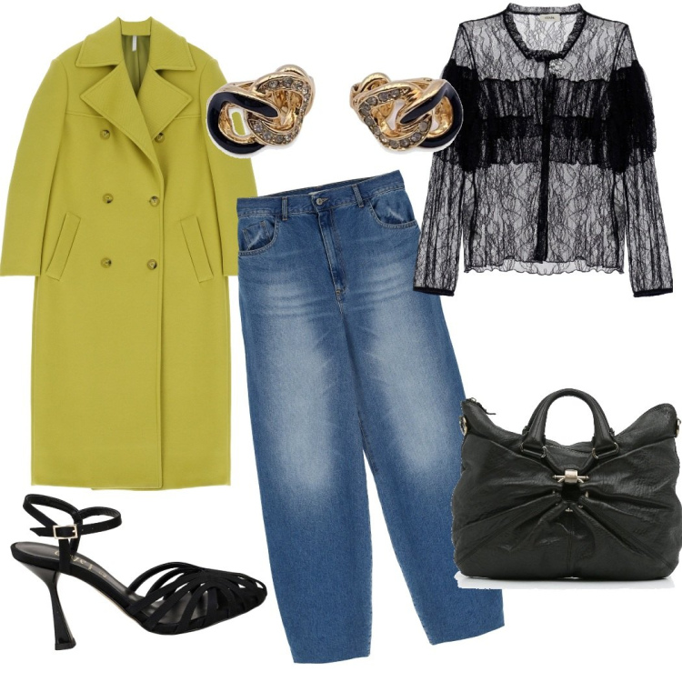 Outfit donna - Serata aperitivo. Stile Casual chic per Serata fuori. Abbinamento con borse a mano, orecchini, cappotti, camicie, jeans, sandali in pelle.